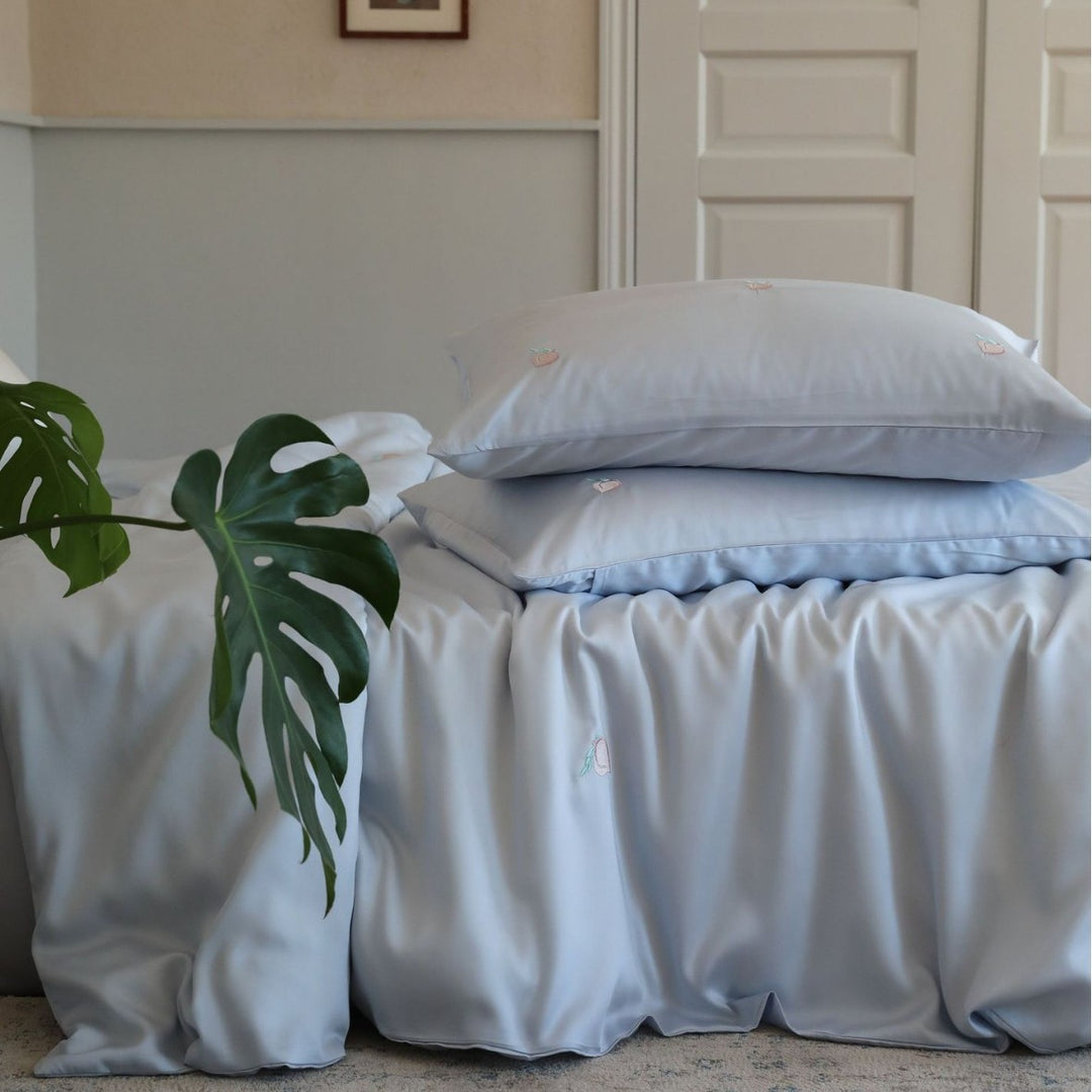 Embroidered Peach Motif Cotton Sateen Duvet Cover Set with Pillow Shams