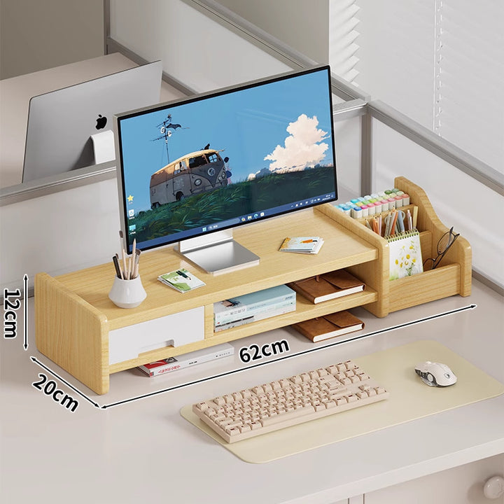 Solid Wood Monitor Riser and Desk Organizer with Dual-Level Shelf and Cable Management