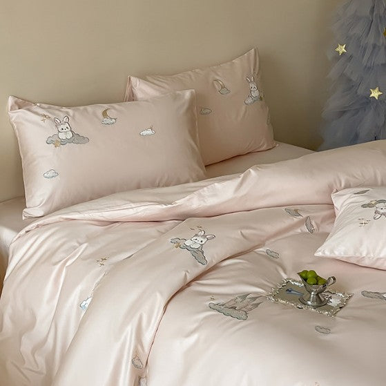 Premium Embroidered Cotton Duvet Cover Set with Plush Bunny Motif