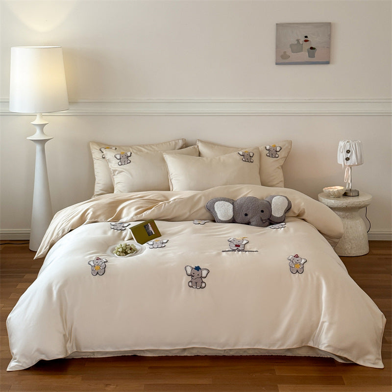 luxurious cotton satin bedding set with embroidered teddy bear appliqués