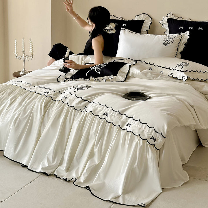Ruffled Gathered Duvet Cover Set with Contrast Piped Edge & Decorative Embroidered Shams