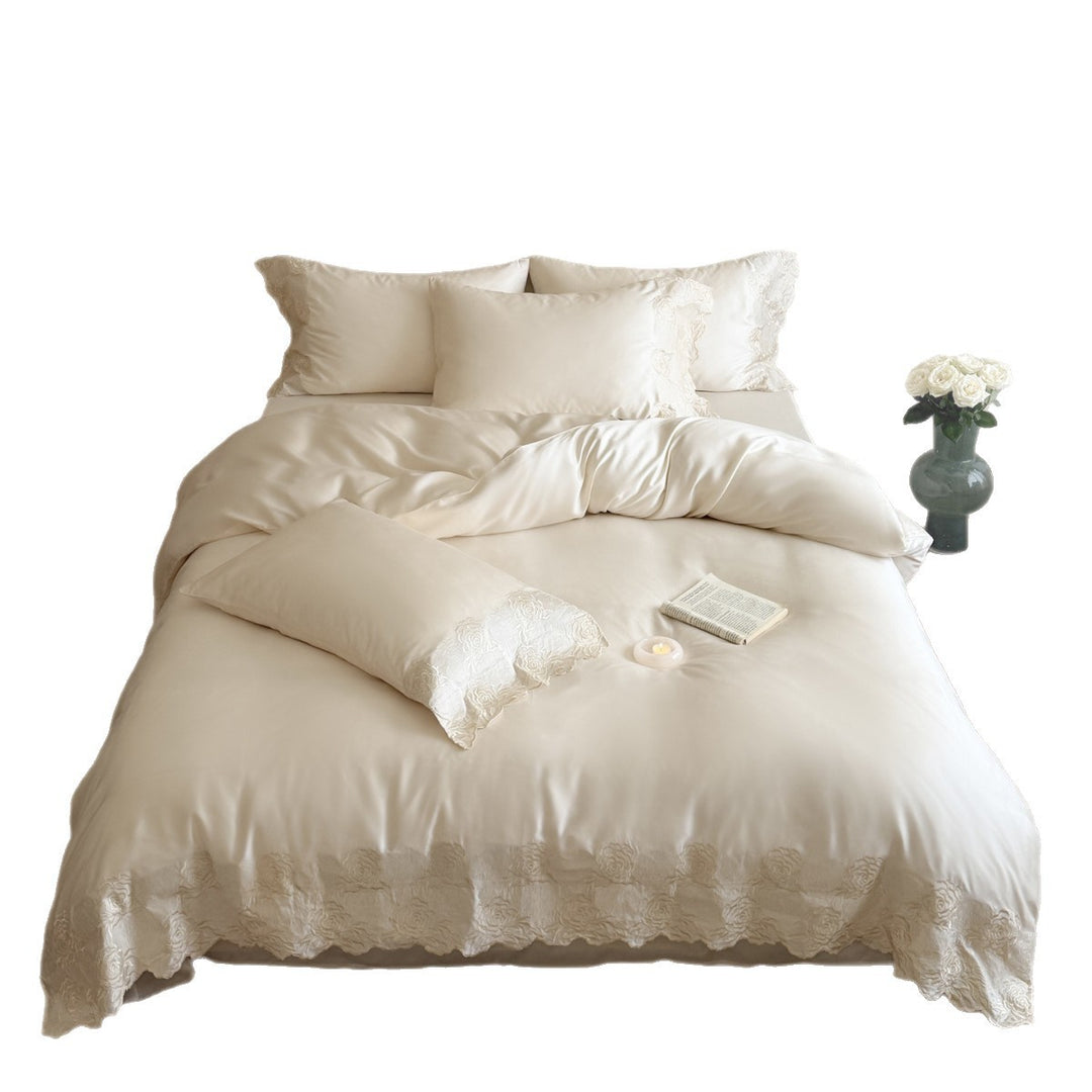 Luxury Embroidered Satin Duvet Cover Set with Scalloped Rose Lace Trim