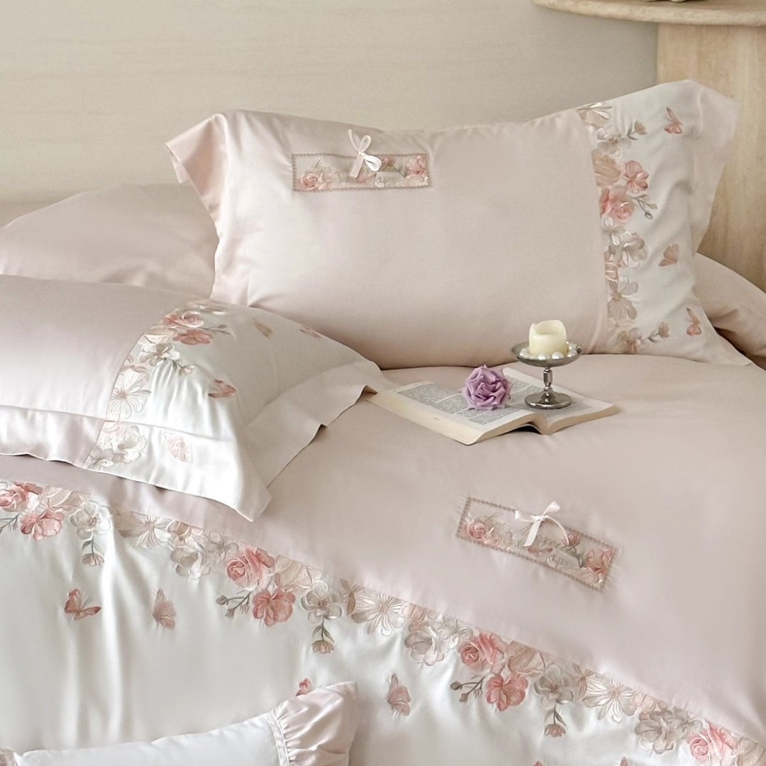 Silk-Feel Embroidered Floral Duvet Cover Set with Ruffled Accent Pillow