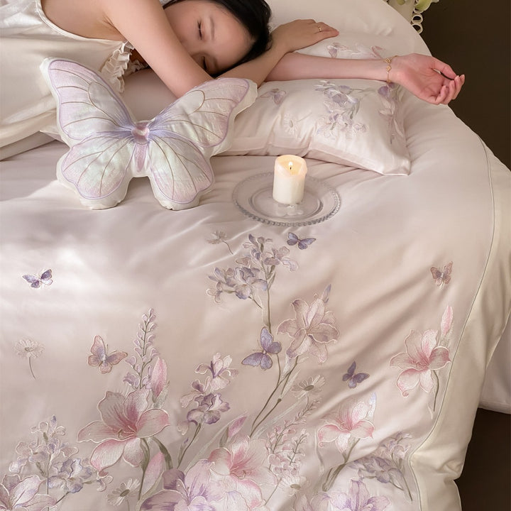 Luxury Satin Floral Embroidered Bedding Set Duvet Cover and Pillowcases