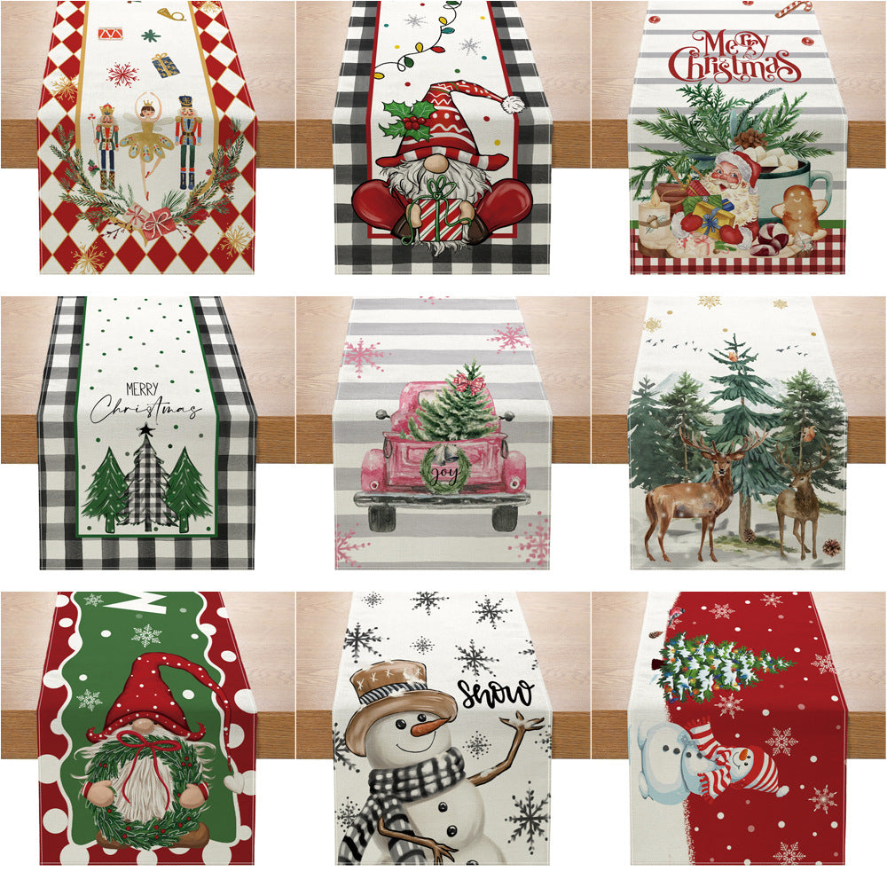 Festive Buffalo Check Cotton-Linen Table Runner with Merry Christmas Pine Design