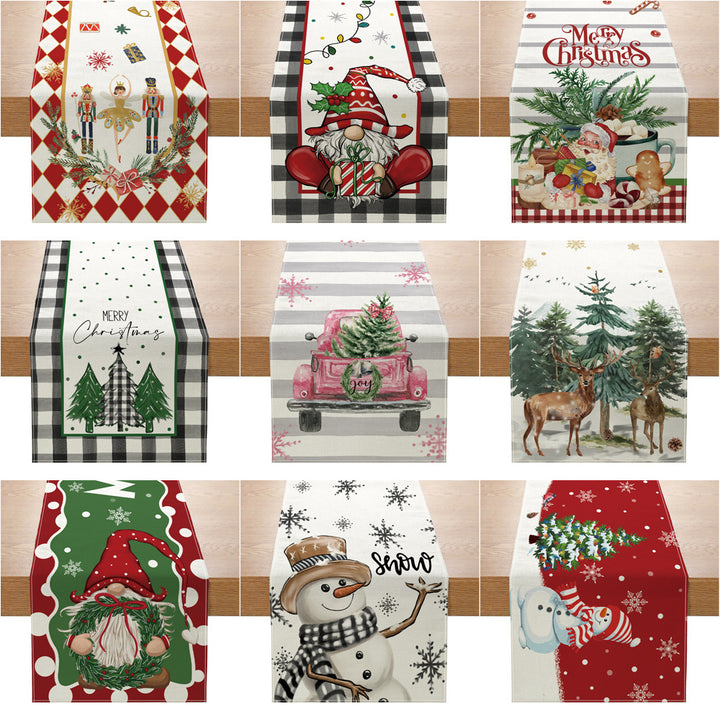 Festive Buffalo Check Cotton-Linen Table Runner with Merry Christmas Pine Design