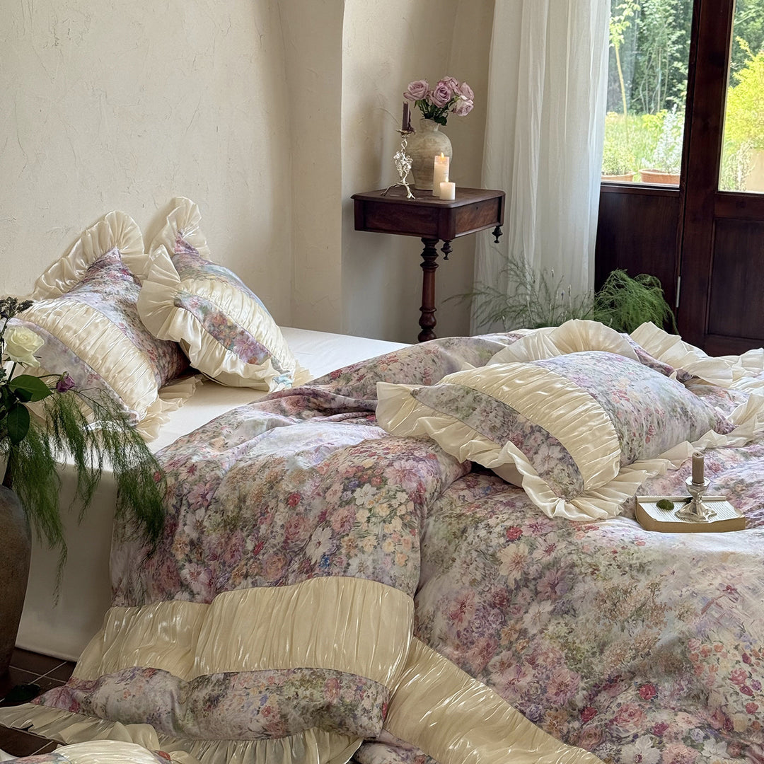 Floral Ruffled Satin-Trim Luxury Duvet Cover Set with Pillow Shams