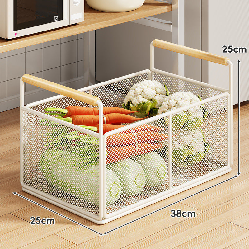 Rolling Mesh Kitchen Storage Cart with Wooden Handles