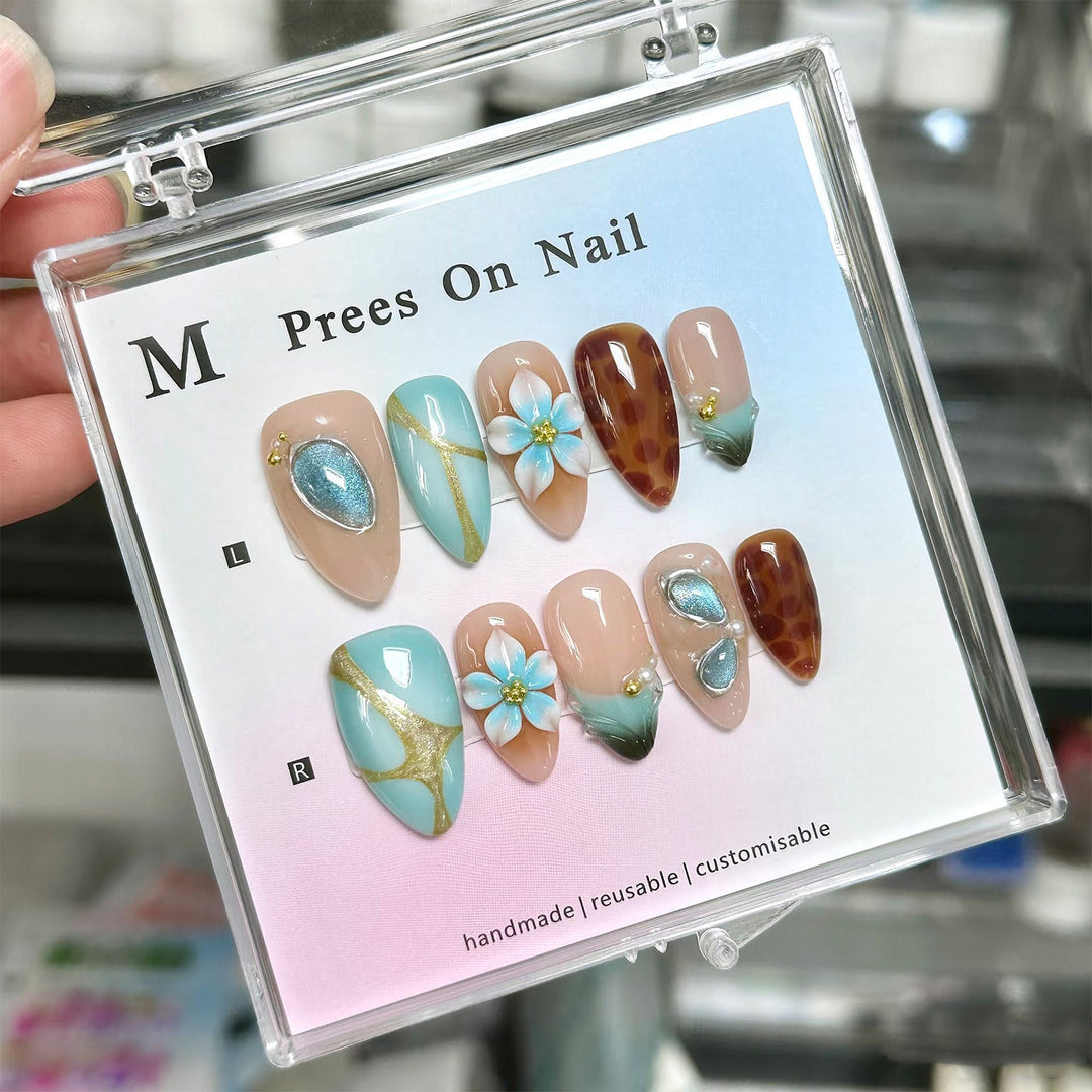Artistic Press-On Nail Art Set with Floral and Gem Accents Stornfield