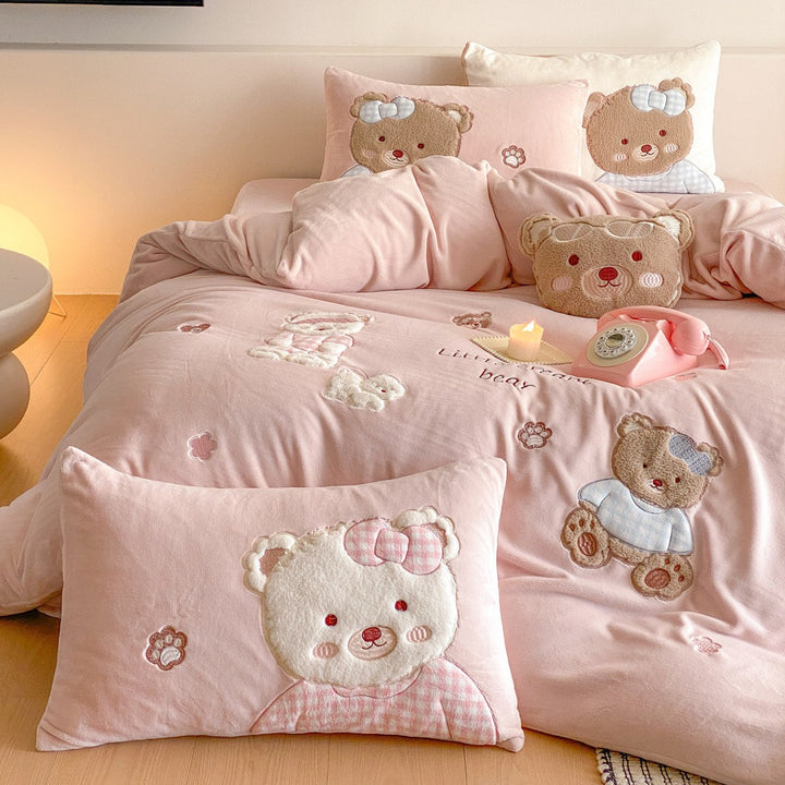 Plush Embroidered Appliqué Duvet Cover Set with Bow-Tie Shams