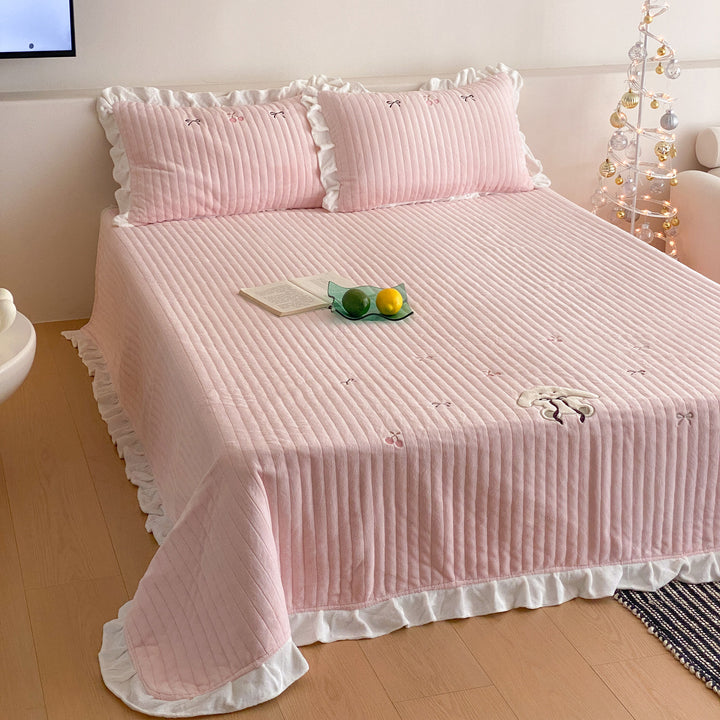 Quilted Ruffled Bedspread Set with Embroidered Bow Motifs and Ruffled Pillow Shams