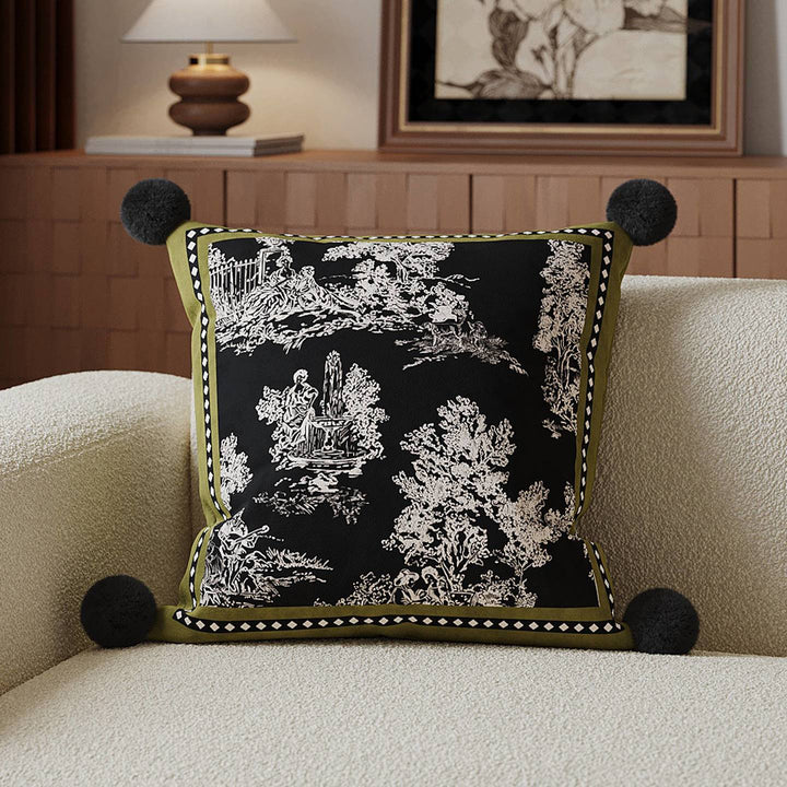 Square Decorative Toile Print Cushion Cover with Corner Pom-Pom Trims and Hidden Zipper