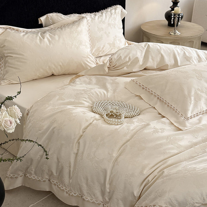 Jacquard Floral Satin-Effect Duvet Cover Set with Scalloped Lace Trim