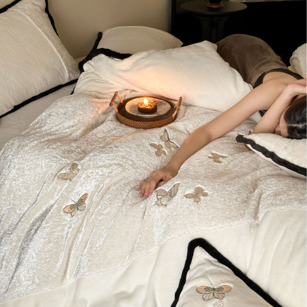 Luxurious velvet duvet cover set with embroidered pillows and contrast piping Stornfield