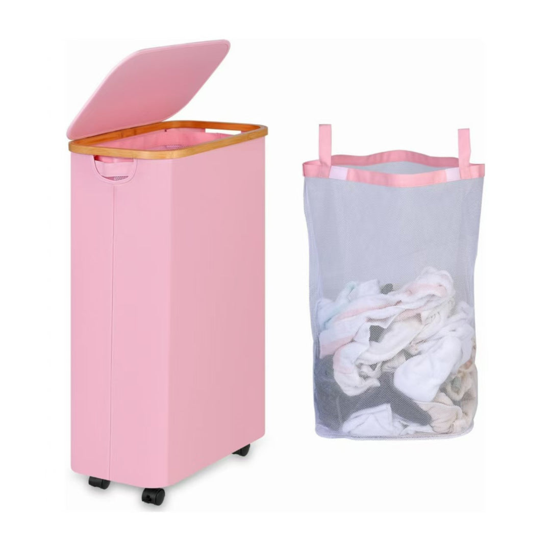 High-quality laundry container with bamboo lid and practical carrying handle Stornfield