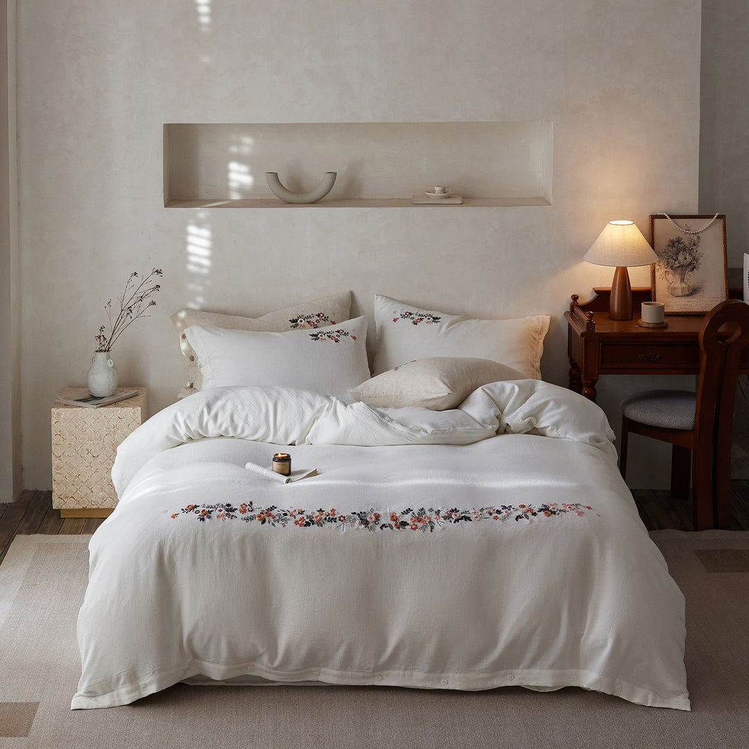Embroidered Linen Duvet Cover Set with Button-Closure Pillow Shams