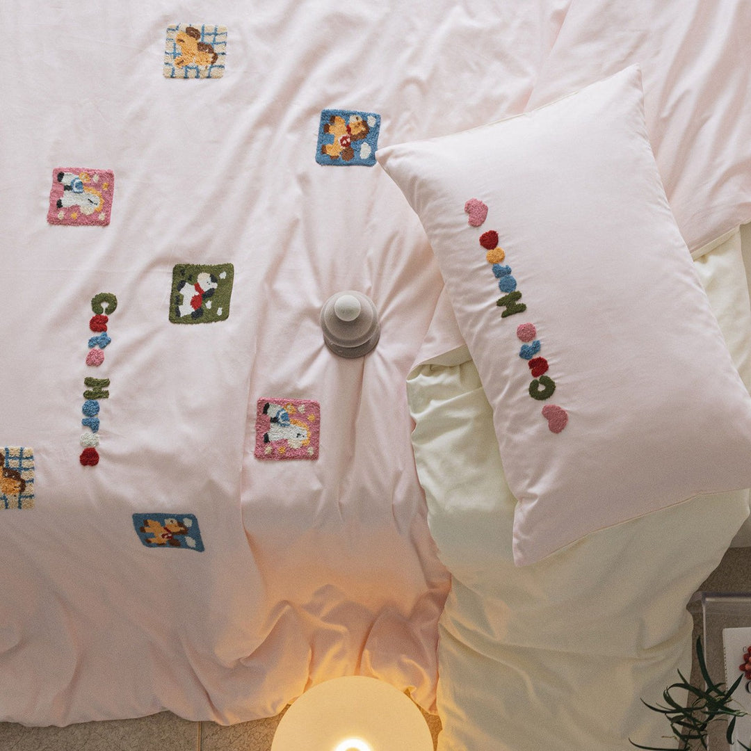Embroidered Tufted Cotton Duvet Cover Set with Decorative Pillowcases