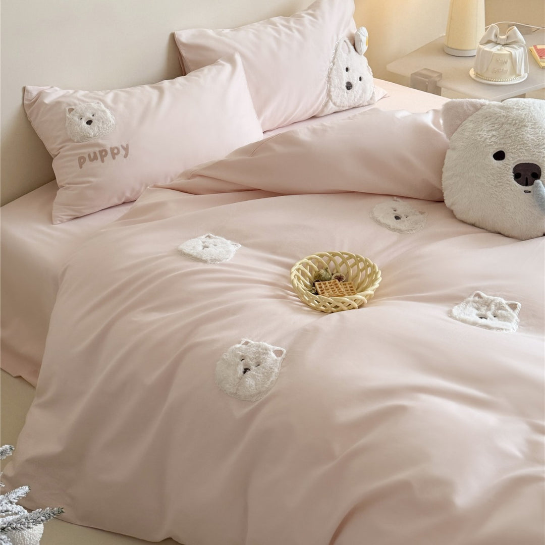 Plush Appliqué Puppy Duvet Cover Set with Cotton Sateen & Pillow Shams