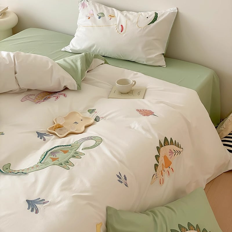 Children's Embroidered Dinosaur Cotton Sateen Duvet Cover Bedding Set