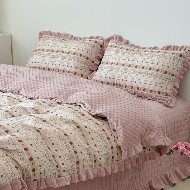 Floral Cotton Duvet Cover Set with Velvet-Trimmed Ruffled Shams and Plush Minky Throw