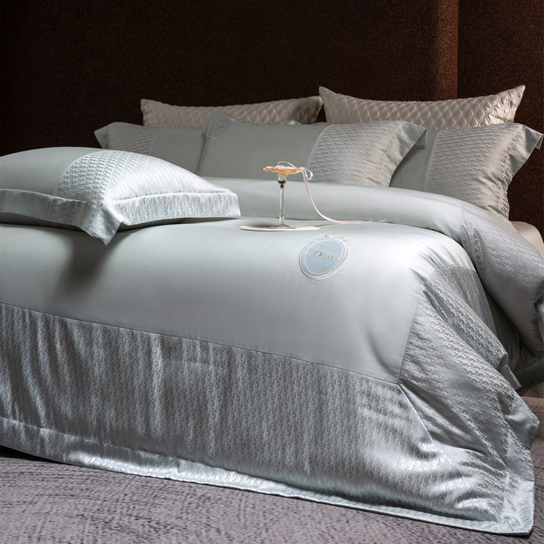 Silk-Feel Jacquard Sateen Duvet Cover Set with Embroidered Crest & Bed Skirt