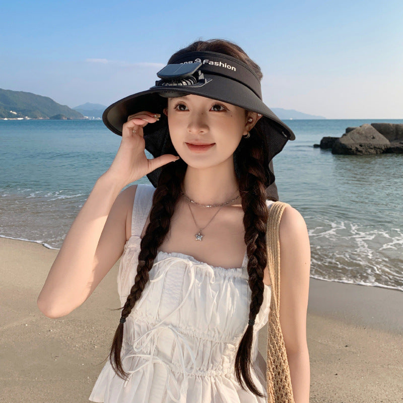 Visor with integrated solar fan, solar module, and neck protection Stornfield