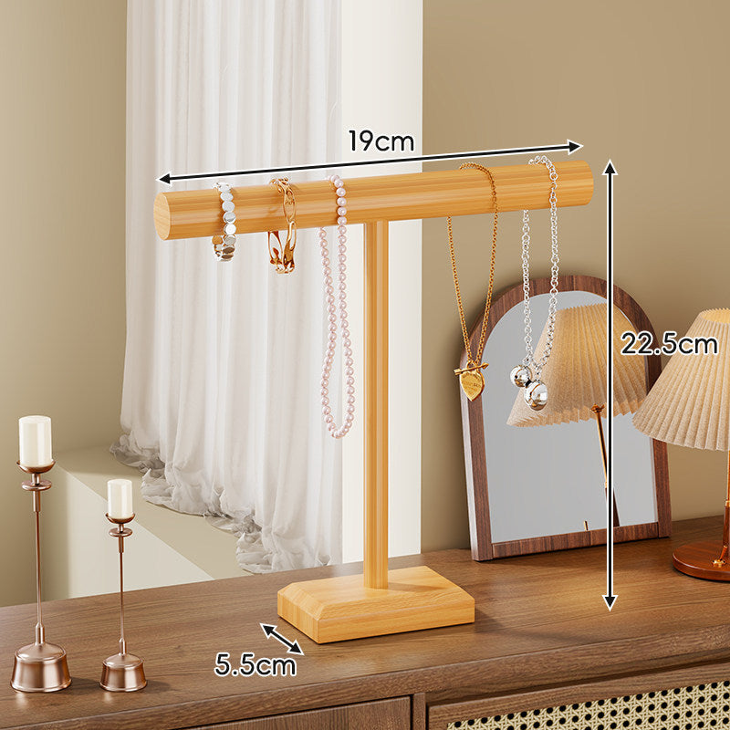 Wooden Necklace and Bracelet Display Stand with T-Bar Organizer and Weighted Base