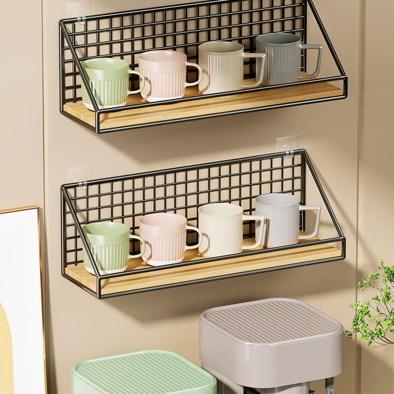 Ventilated Grid Wall Shelf with Wood-Look Tray and Clear Suction Mounts