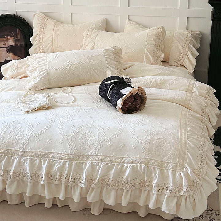 Vintage-Inspired Ruffled Chenille Medallion Bedspread & Sham Set with Lace-Trim Bed Skirt