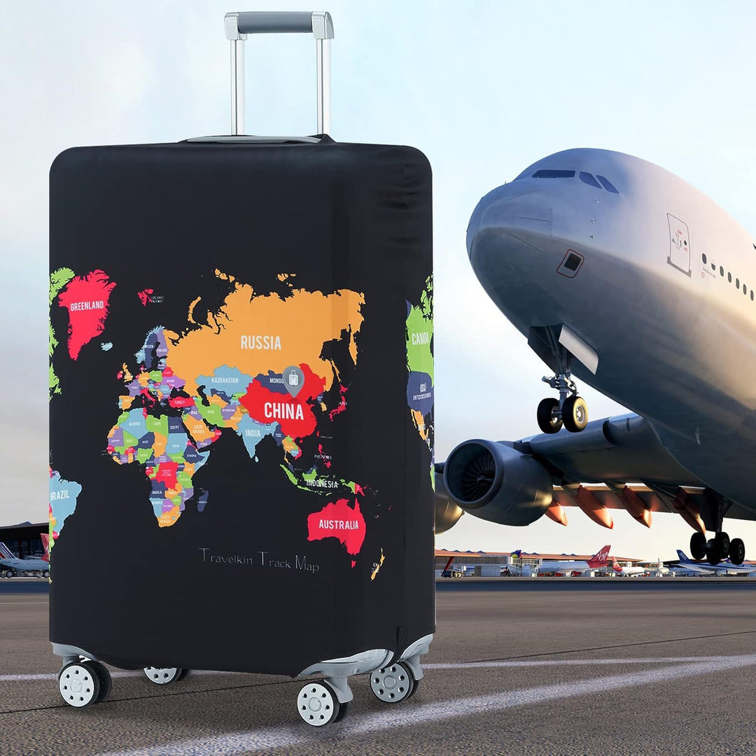 Unisex non-elastic suitcase protective cover with world travel design for hard-shell trolley and spinner wheels Stornfield