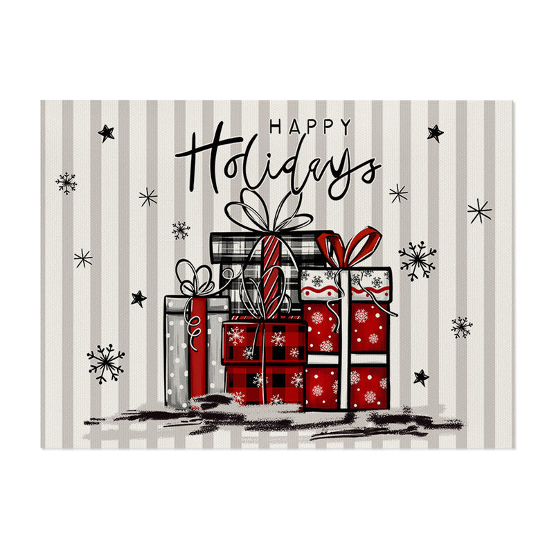 Decorative Rectangular Cotton-Linen Holiday Tablecloth with Repeating Hand-Painted Christmas Tree Motif