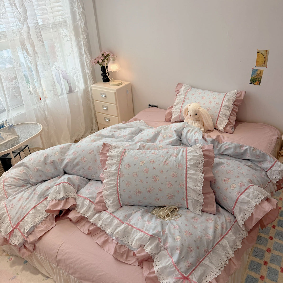 Ruffled Floral Lace-Trim Duvet Cover Set with Pillow Shams
