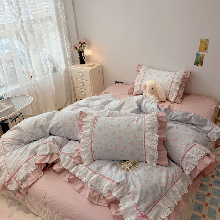 Ruffled Floral Lace-Trim Duvet Cover Set with Pillow Shams