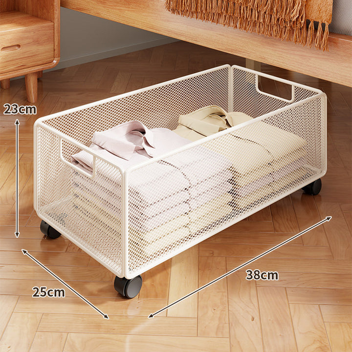 Underbed Low-Profile Metal Mesh Storage Drawer on Casters