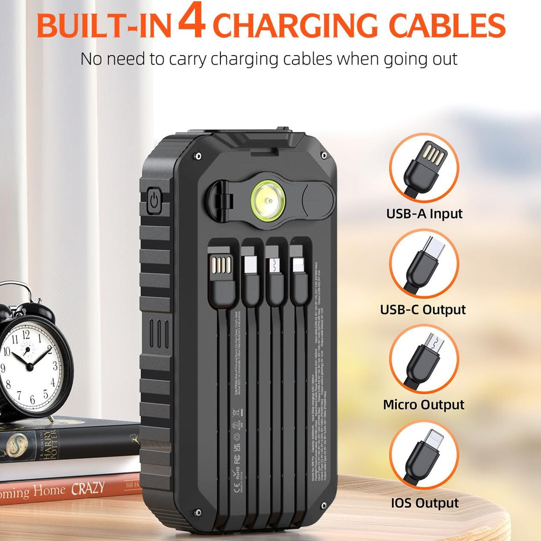 Solar Power Bank with Integrated Charging Cables and LED Flashlight Stornfield