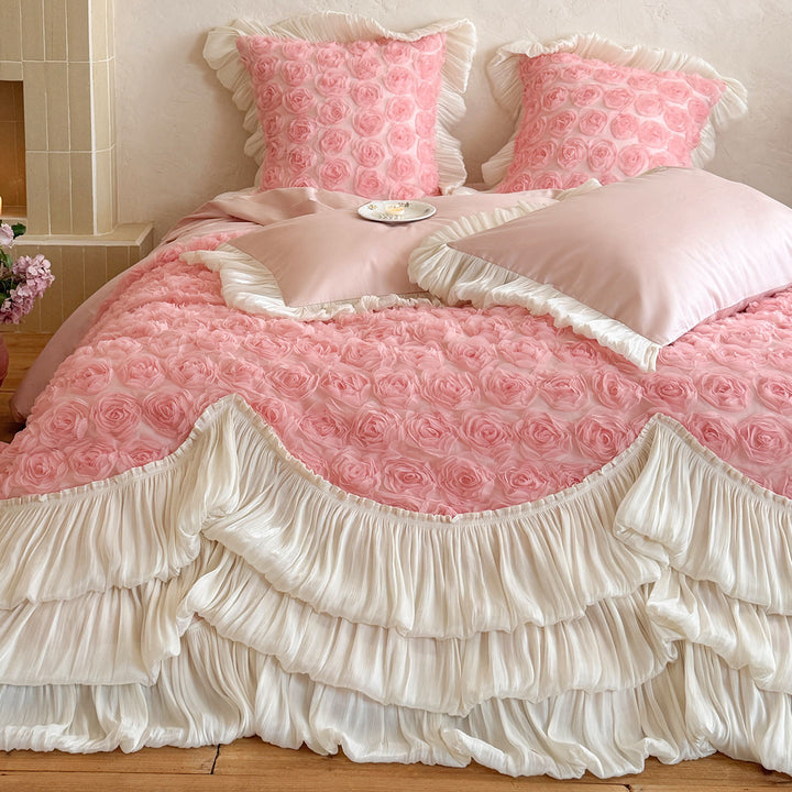 Ruffled Rosette Textured Duvet Cover Set with Pleated Layered Bed Skirt and Frilled Pillow Shams