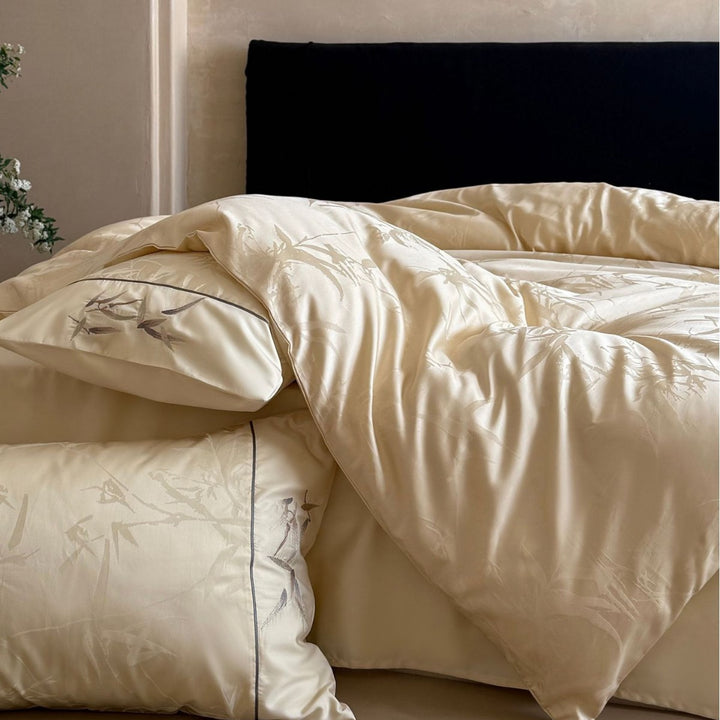 Premium Satin bedding set with subtle jacquard leaf pattern and silky finish