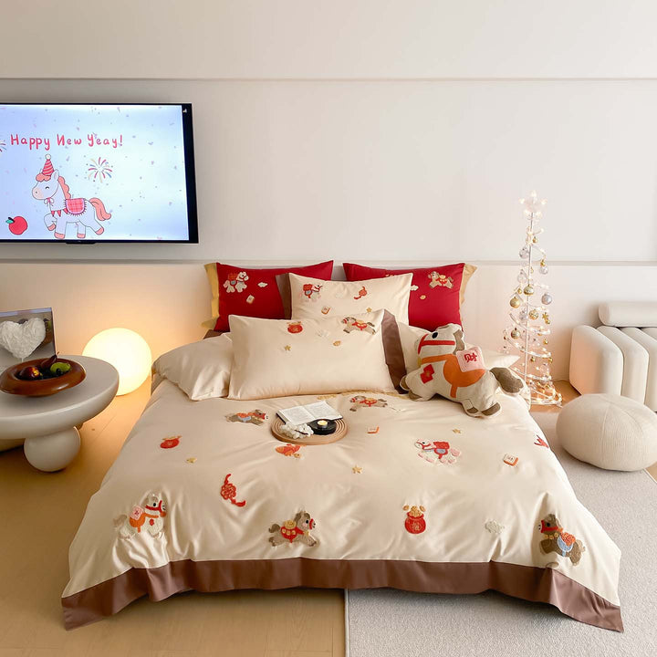 Embroidered Cotton Sateen Duvet Cover Set with Appliqué Horse Motifs and Reversible Border