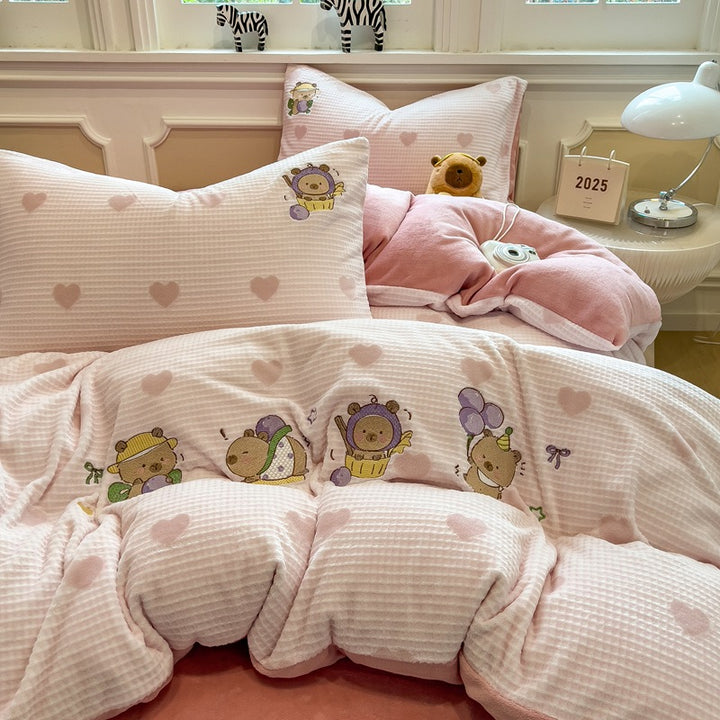 Reversible Flannel Duvet Comforter Set with Embroidered Elephant and Heart Motif