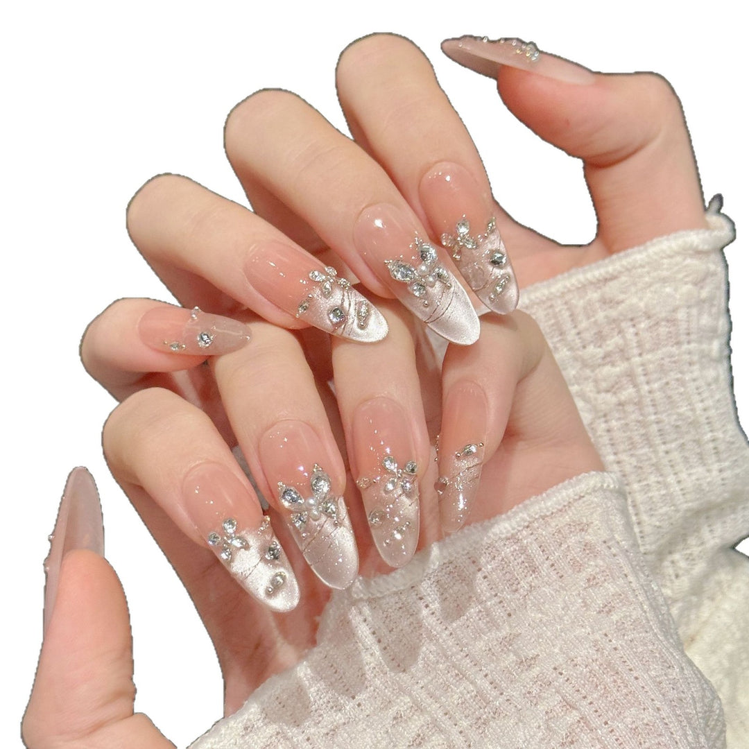 Decorative Press-On Nail Art Set with Rhinestone and Elegant Details
