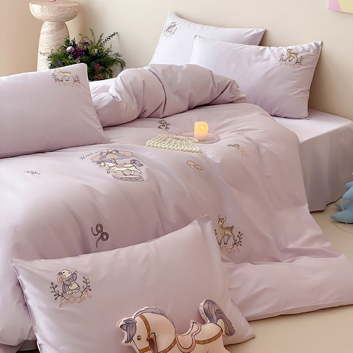 Children's Embroidered Carousel Cotton Duvet Cover Set with Pillow Shams