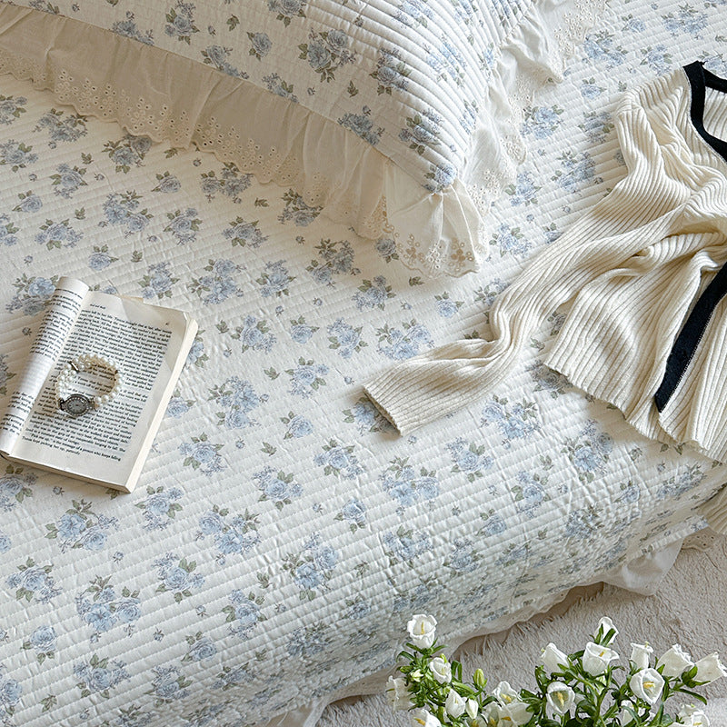 Quilted Polka Dot Cotton Bedspread Set with Eyelet Lace Ruffled Shams
