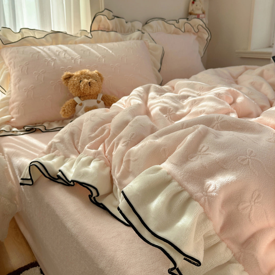 Plush Jacquard Quilted Duvet Comforter with Ruffle Trim and Contrast Piping