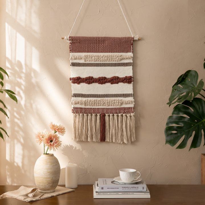 Boho Wall Hanging Macrame with Hand-Knotted Fringes and Woven Cable Patterns Stornfield