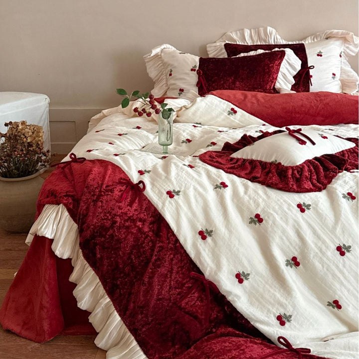 Luxurious Velvet Embroidered Cherry Ruffle Bedding Set