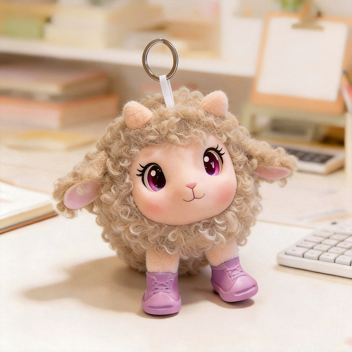 Plush Ram Keychain Charm with Curly Faux-Fur, Sculpted Face, Bell Necklace and Metal Ring Stornfield