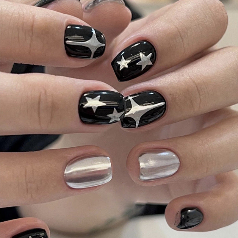 Artistic Press-On Nail Set with Metallic Star Designs Stornfield