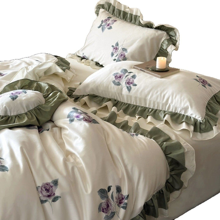 Floral Embroidered Ruffled Cotton Sateen Duvet Cover Set with Double-Layer Ruffle Hem