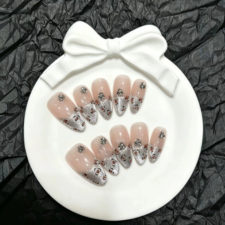 Decorative Press-On Nail Art Set with Gem and Silver Accents