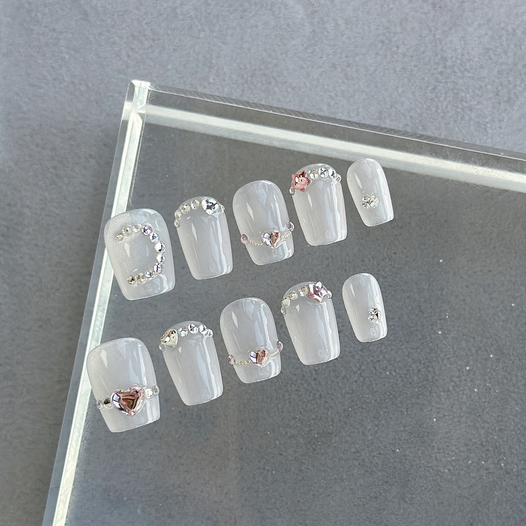 Decorative Press-On Nail Art Set with Gem and Heart Accents